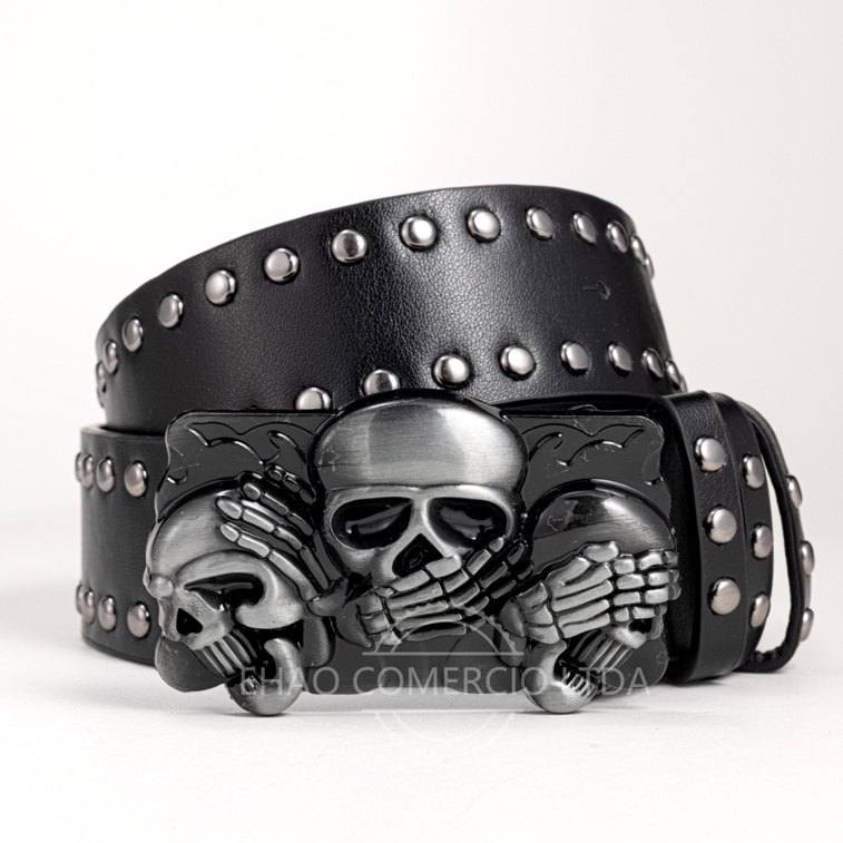 Cinto Unissex Punk Gothic Rivet Jeans Preto Cinto Unissex Elemento de Caveira Preto 100cm 110cm 120cm