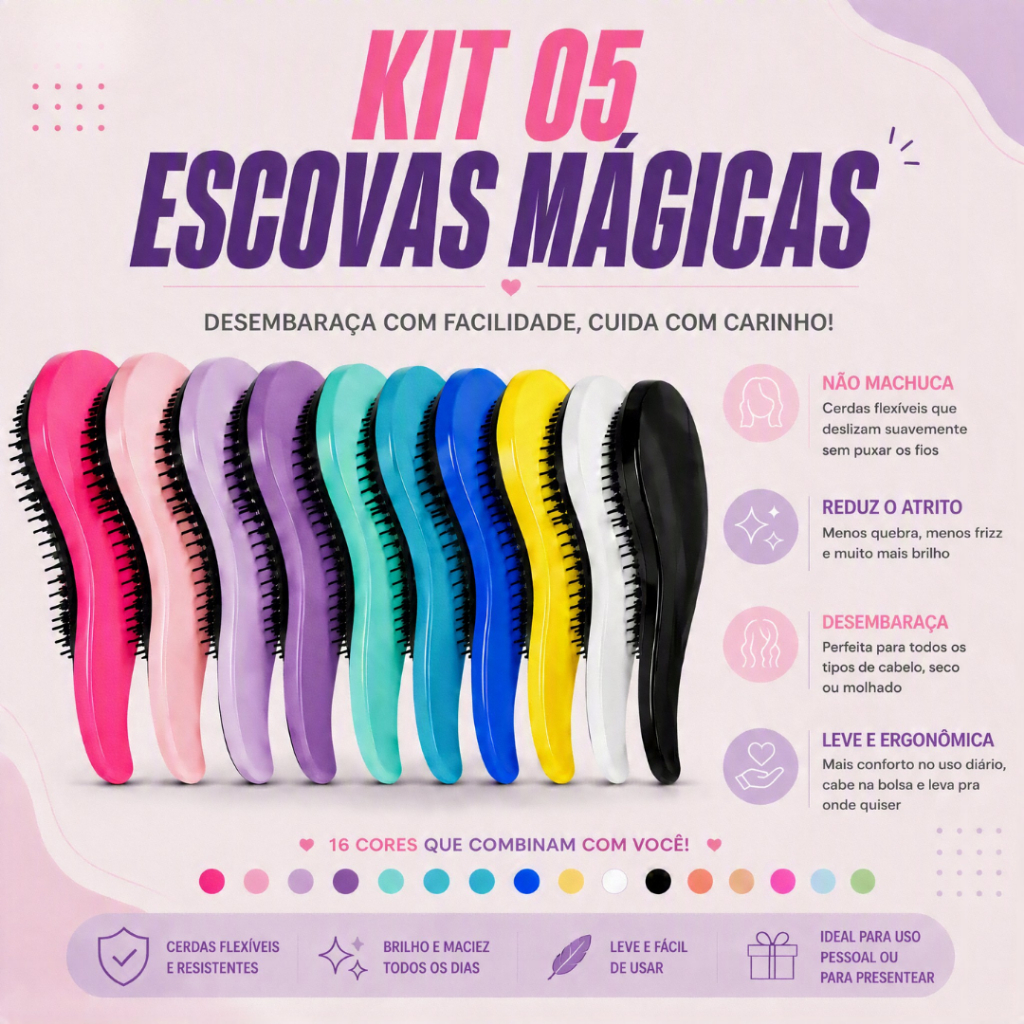 Kit 5 Escovas Mágicas pra Cabelo - Anti Frizz - Para desembaraçar Cabelo