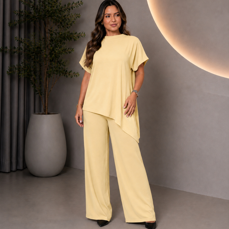 Conjunto Feminino Soltinho Blusa Assimétrica Manga Curta e Calça Reta Pantalona Moda Inverno