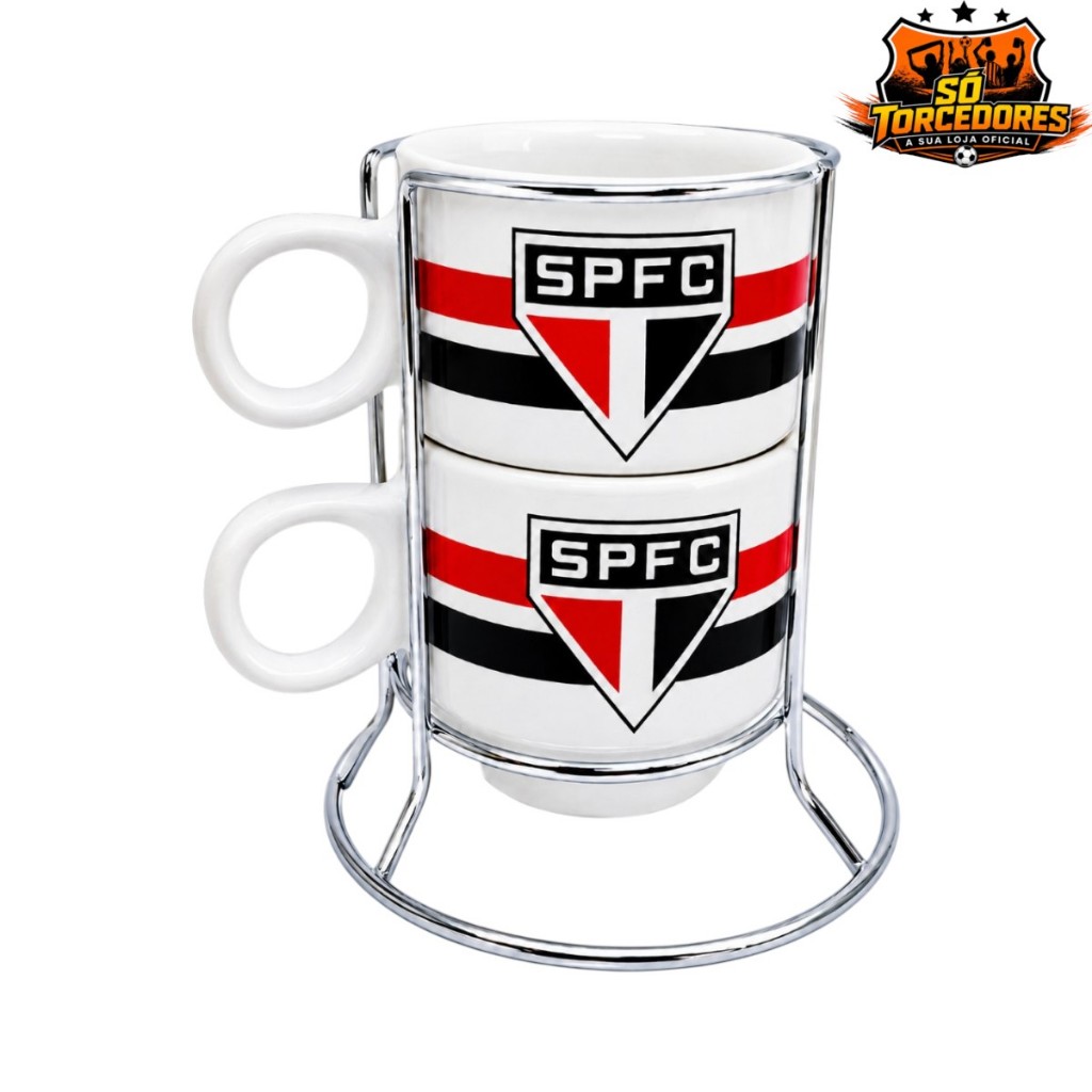 Kit 2 Xícaras Oficial São Paulo FC com Suporte Metálico | Produto Oficial SPFC