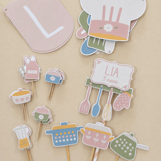 kit festa mini chef/kit só um bolinho cozinheira/ kit festa em casa mini chef/ bandeirola topo de bolo mini chef