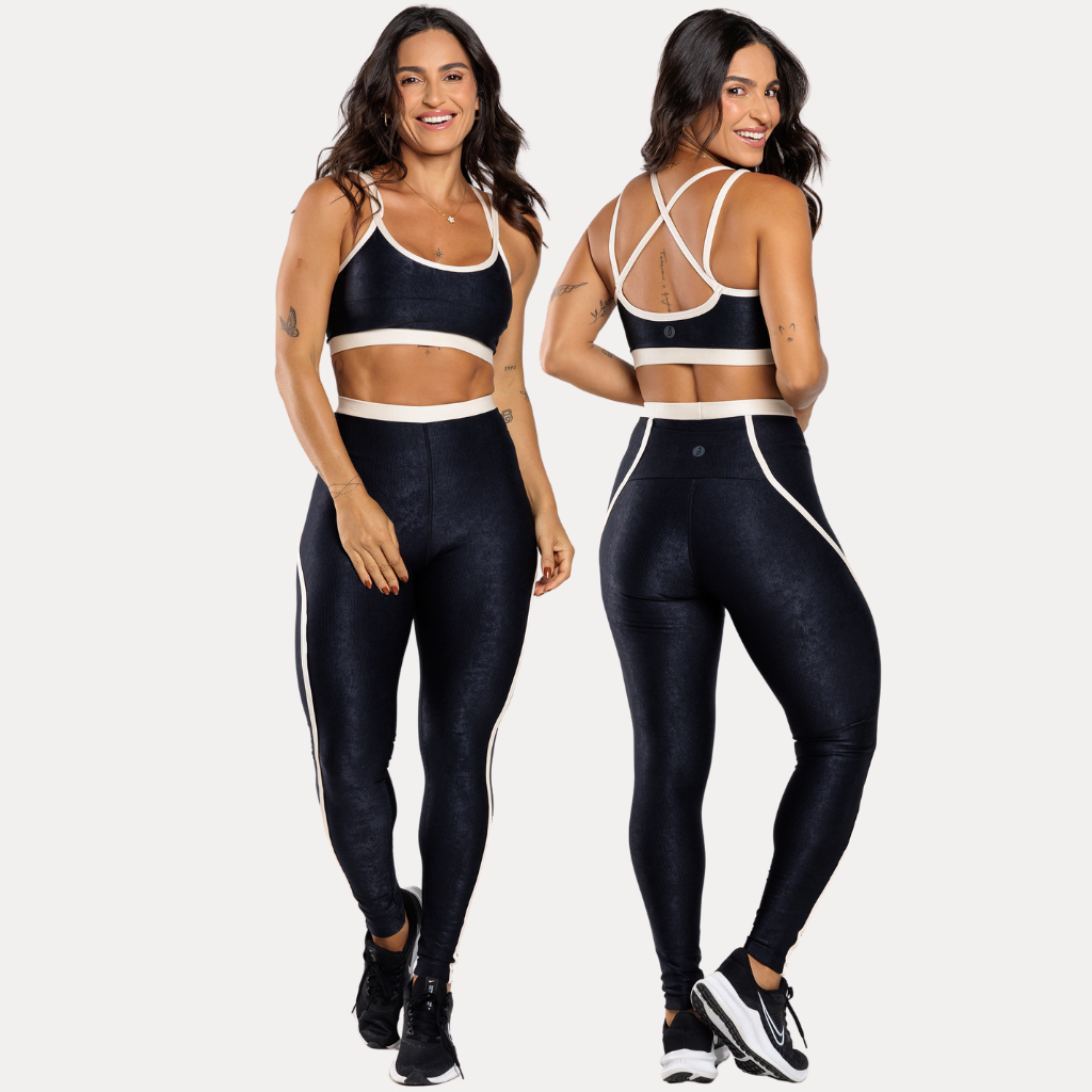 Conjunto Fitness Feminino Sophia Bicolor Top e Calça Legging Micro Canelado Alta Compressão Zero Transparência Academia