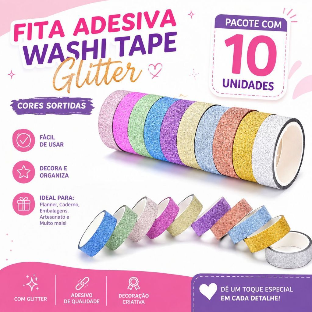 10 Fitas Adesivas Com Glitter Washi Tape / Durex