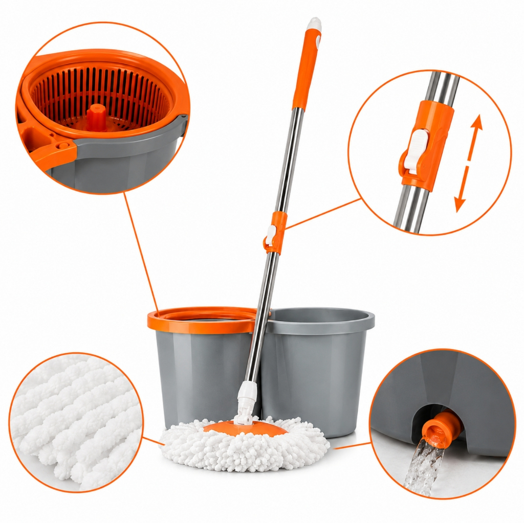 Mop Giratório 12L Com Balde com rodinha Centrífuga Microfibra Cabo Inox