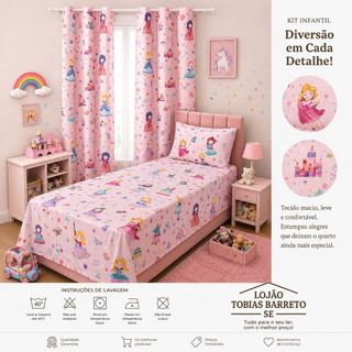 Kit Infantil Lençol + Fronha + Cortina Toque que algodão Estampas Temáticas