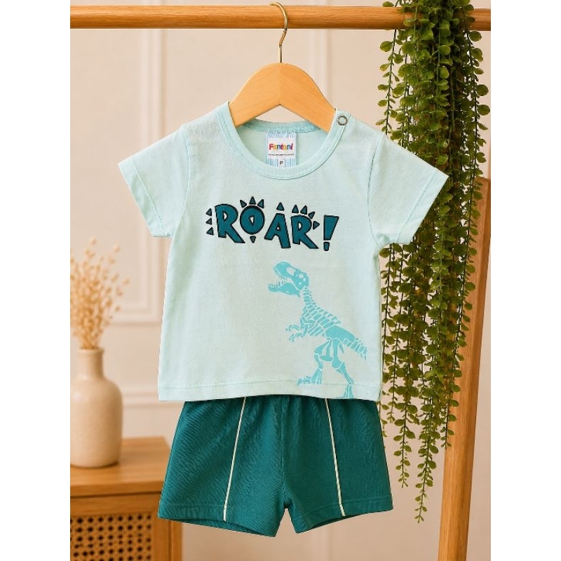 Conjunto bebê menino camiseta 100% algodão de dinossauro, bermuda com friso branco moletinho 100% algodão.