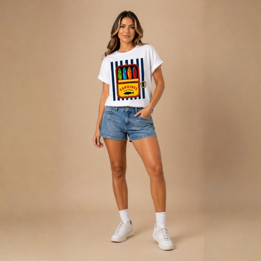 Camiseta T-Shirt Feminina Algodão Com Estampa Sardinha Listrada Moda Casual