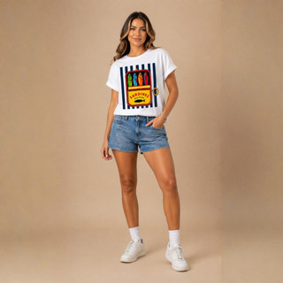 Camiseta T-Shirt Feminina Algodão Com Estampa Sardinha Listrada Moda Casual