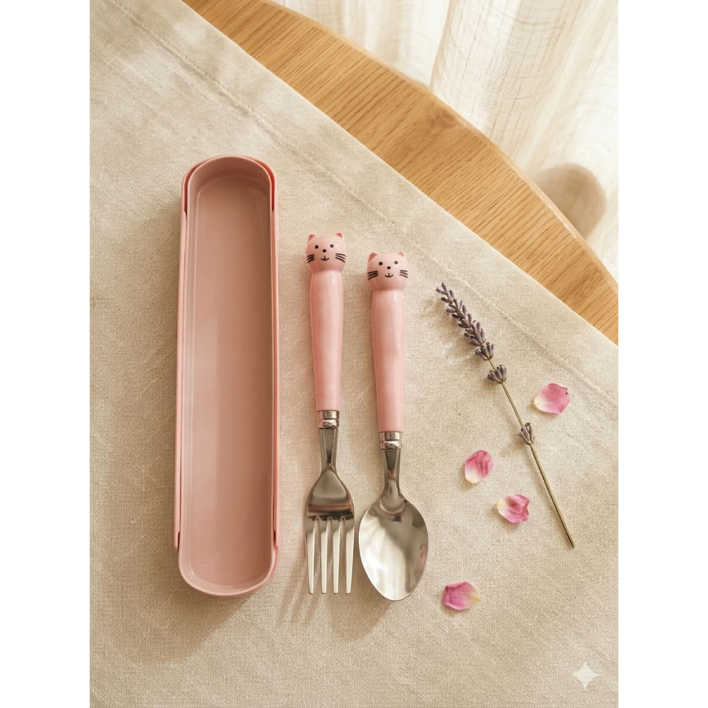 Talheres Infantil Aço Inox Colher Garfo Kit Com Estojo Bebe 2 peças Bichinhos