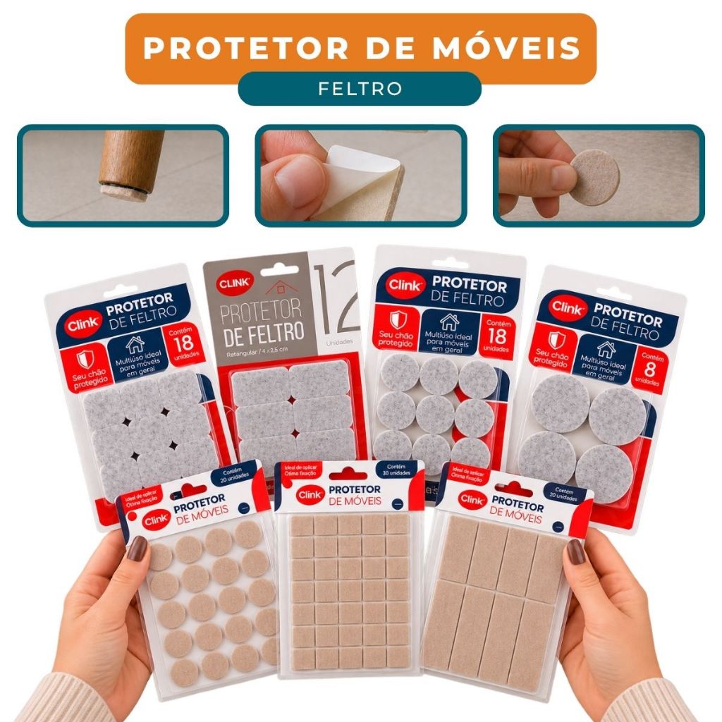 Kit Protetor Móveis Adesivo Feltro Redondo Quadrado Pé Mesa Cadeira Sofá Armário Anti Ruído