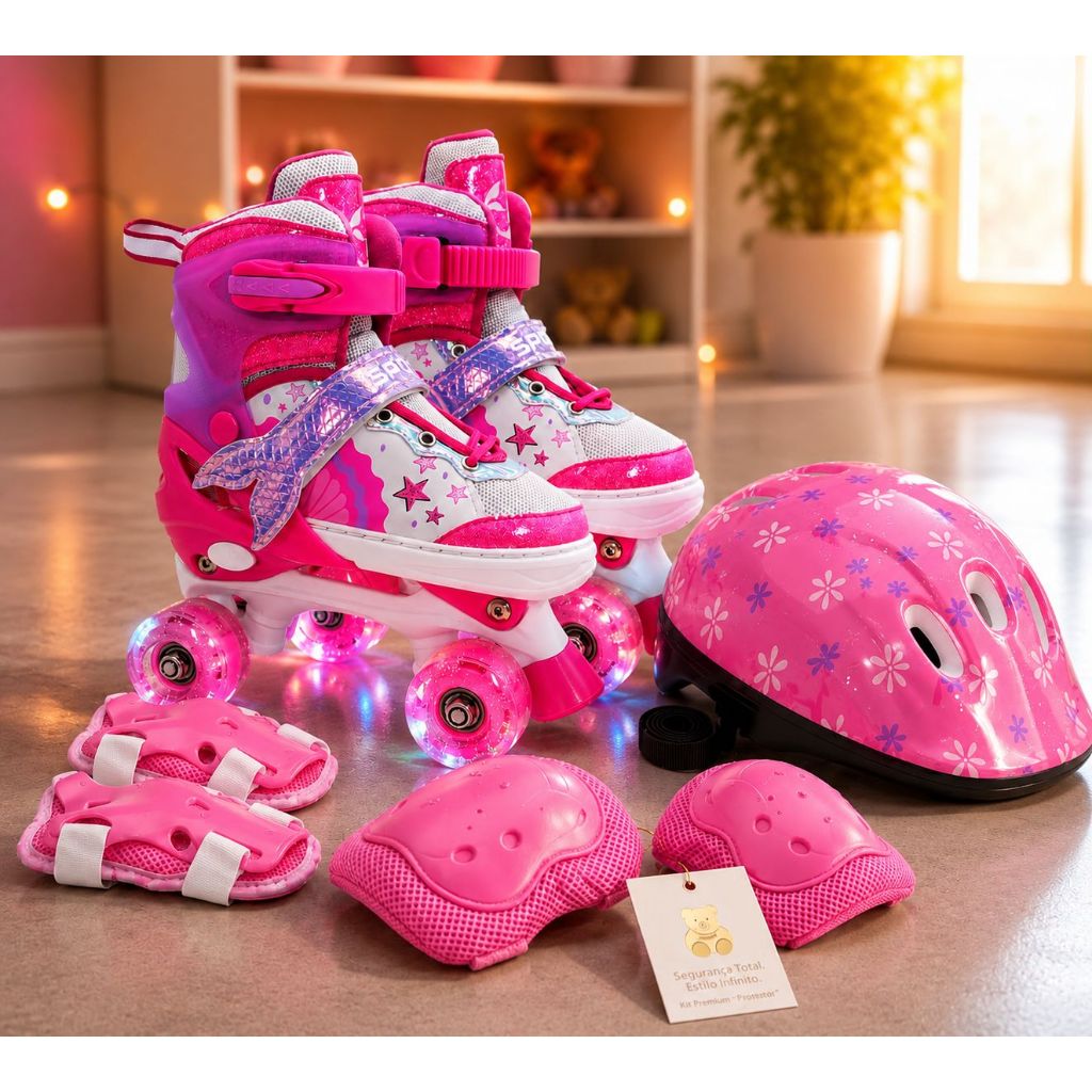 Patins Infantil 4 Rodas Com Luz De Led Com Kit Proteção ou Sem Proteção - Tamanho Ajustável