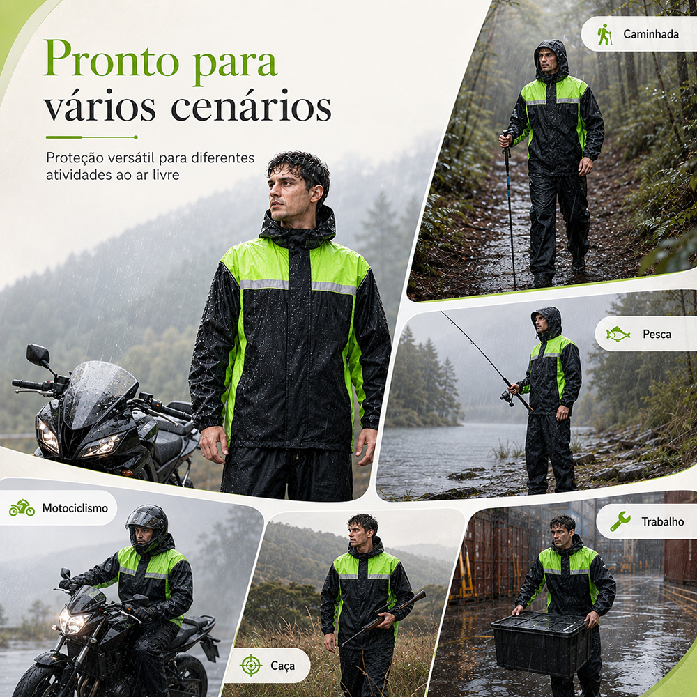 Conjunto Capa de Chuva Motoqueiro Impermeável Jaqueta Calça Refletiva com Capuz e Viseira