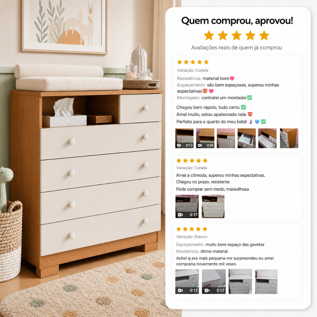 Cômoda 5 Gavetas Infantil Grande Trocador Nicho Multiuso Organizadora Para Quarto Criança Bebê Amora — imagem 2 de 2