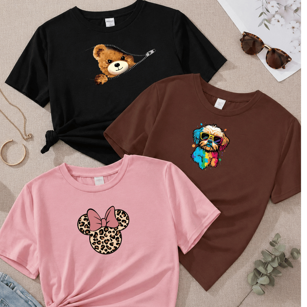 Kit 3 Camisetas Estampas Delicadas Promoção Lançamento Moda Feminina Blusa Confortável Premium