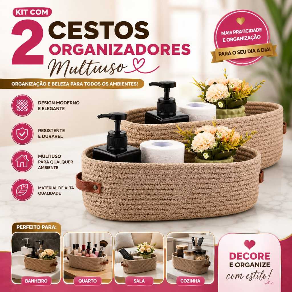 Kit Com 2 Cestos Organizadores Com Alças De Couro 33 x10 Multiuso Algodão Alta Qualidade Cesto Organizador