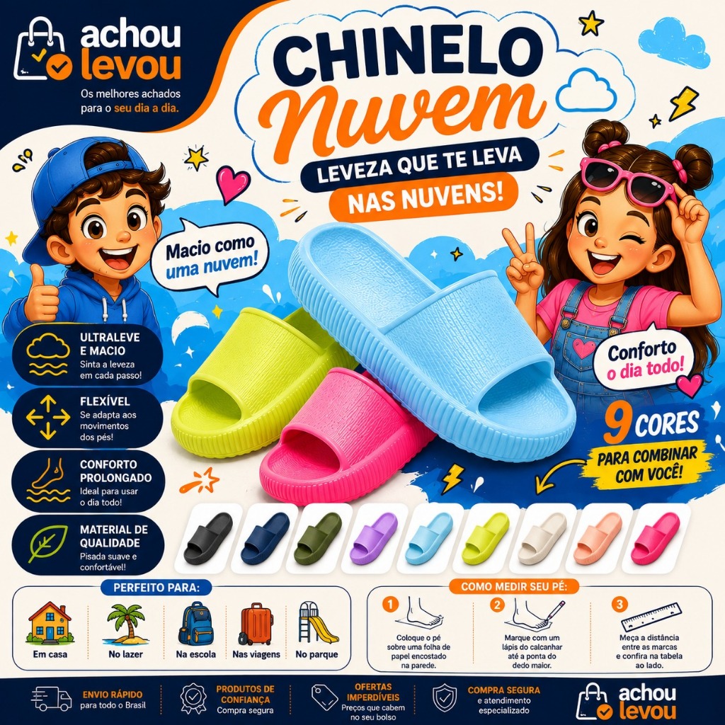 Chinelo Nuvem Infantil Juvenil  Menina | Super Confortável Leve Macio Ortopedico Antiderrapante