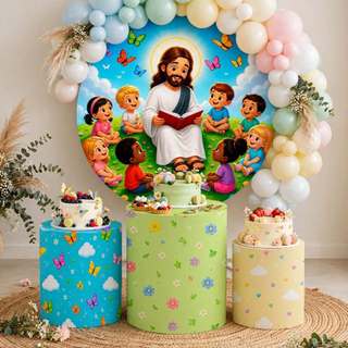 Painel Redondo 1,5m Com Capa Trio Cilindros Dia Das Crianças Religioso Jesus Igreja Decoração De Festa Tecido Sublimado