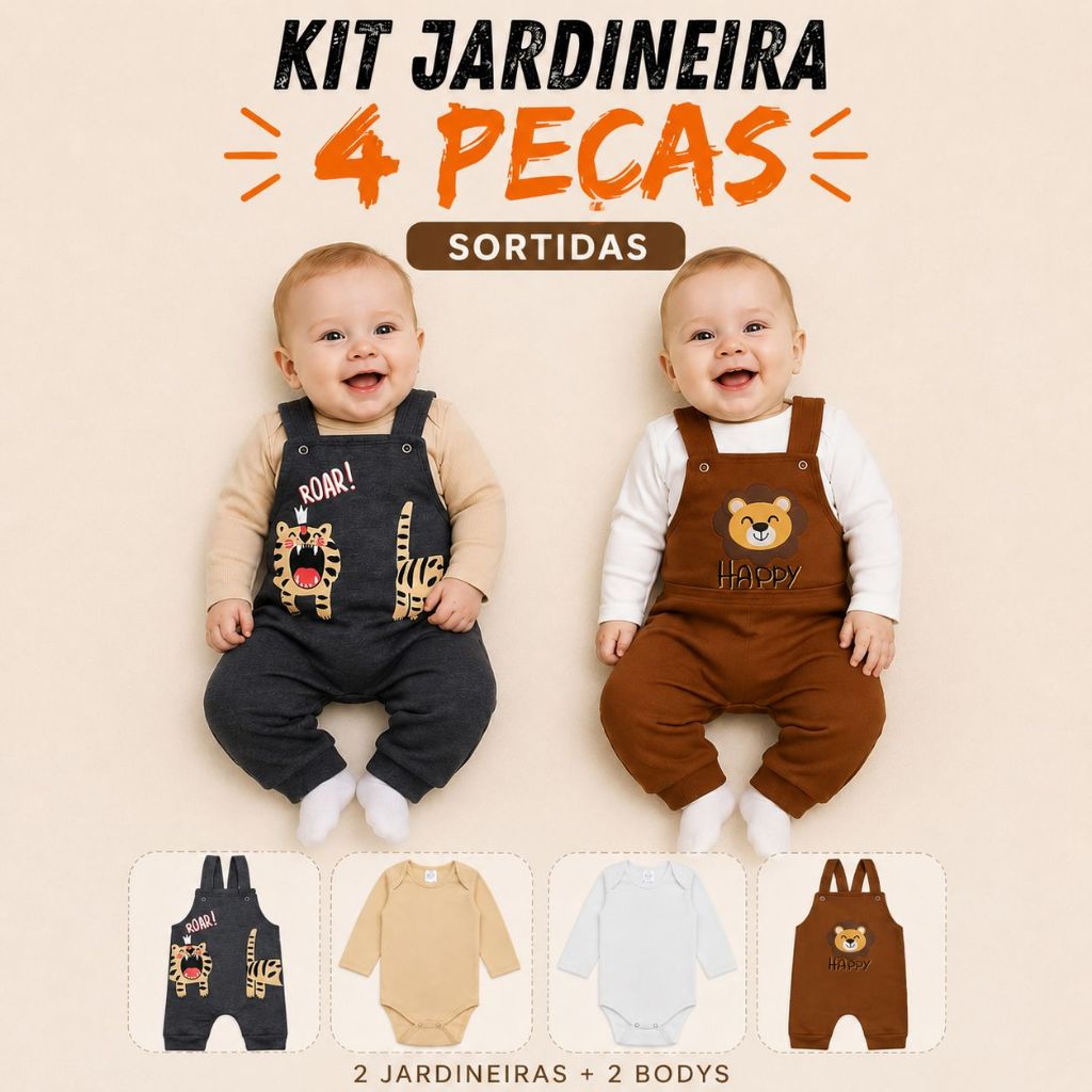 Kit Conjunto Jardineira 4 Peças Bebê Manga Longa Menino Sortidas - Inverno- 2Body/2Jardineira