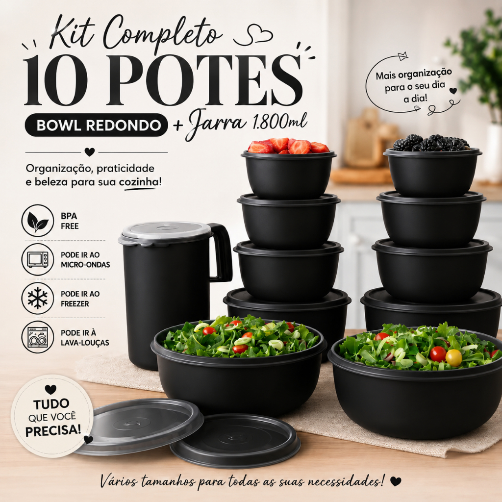 Kit 10 Potes Bowl + Jarra 1.800