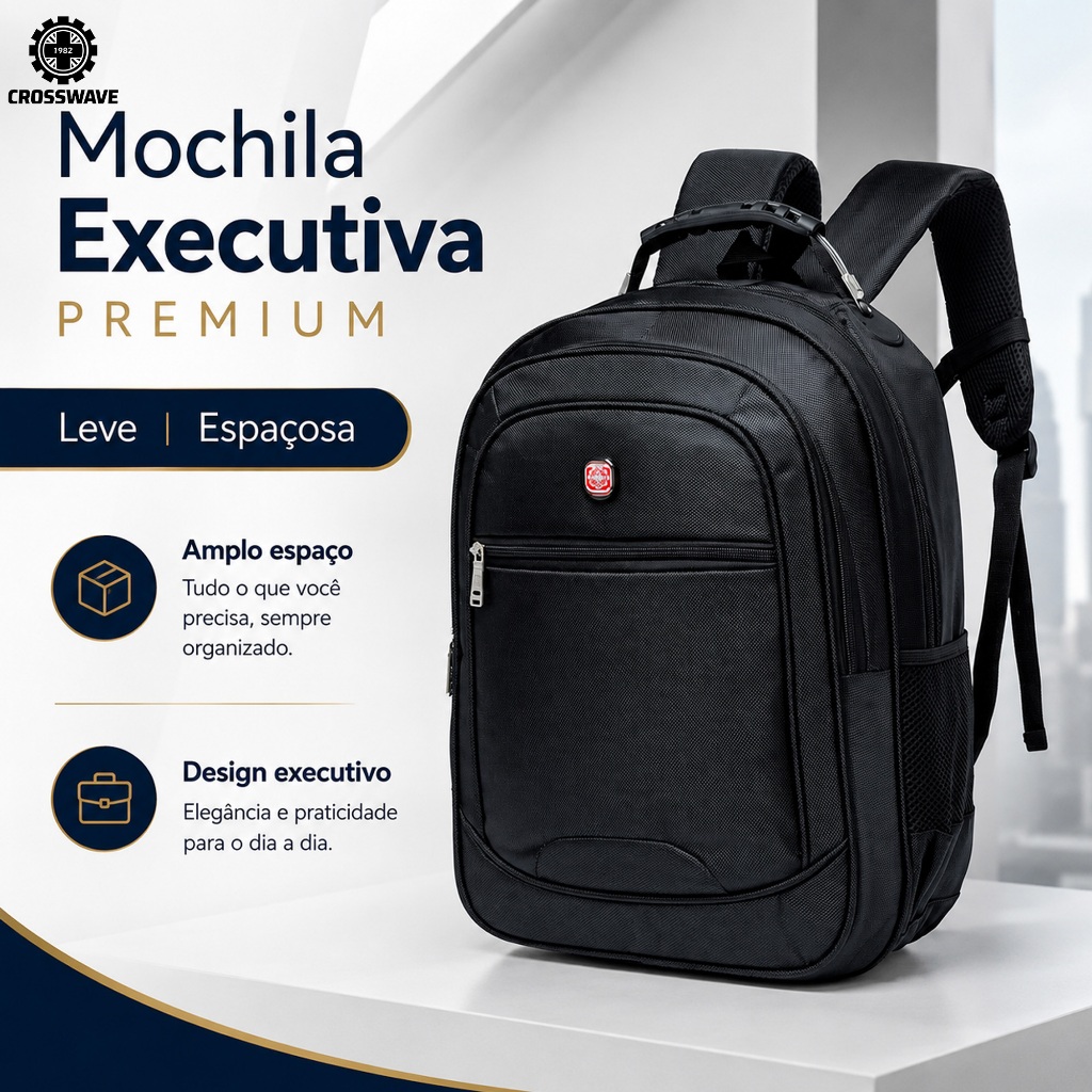 Mochila Masculina Crosswave Executiva Grande Reforçada 1680D para Trabalho e Dia a Dia
