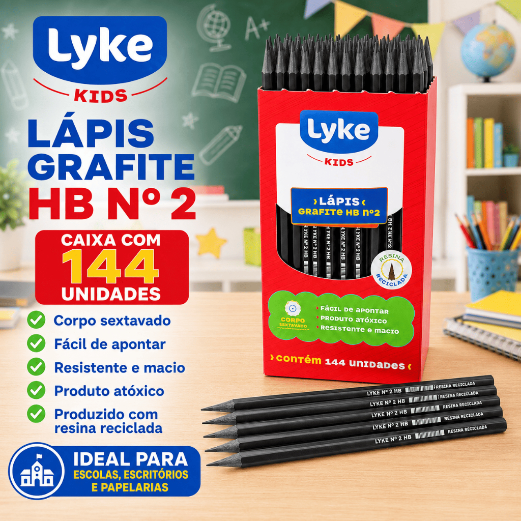 Lápis Grafite HB Nº2 Atóxico e Resistente - Caixa com 144un Lyke Kids