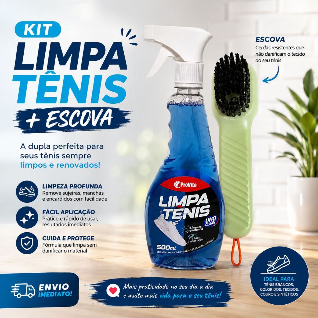 Kit Limpa Tênis + Escova Limpeza Profunda Remove Sujeira de Tênis Branco e Colorido