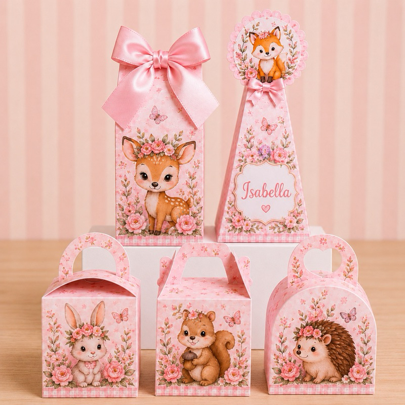 Caixinhas Personalizadas Bosque Encantado Rosa Menina Festa Infantil | Lembrancinhas de Aniversário | Kit Festa