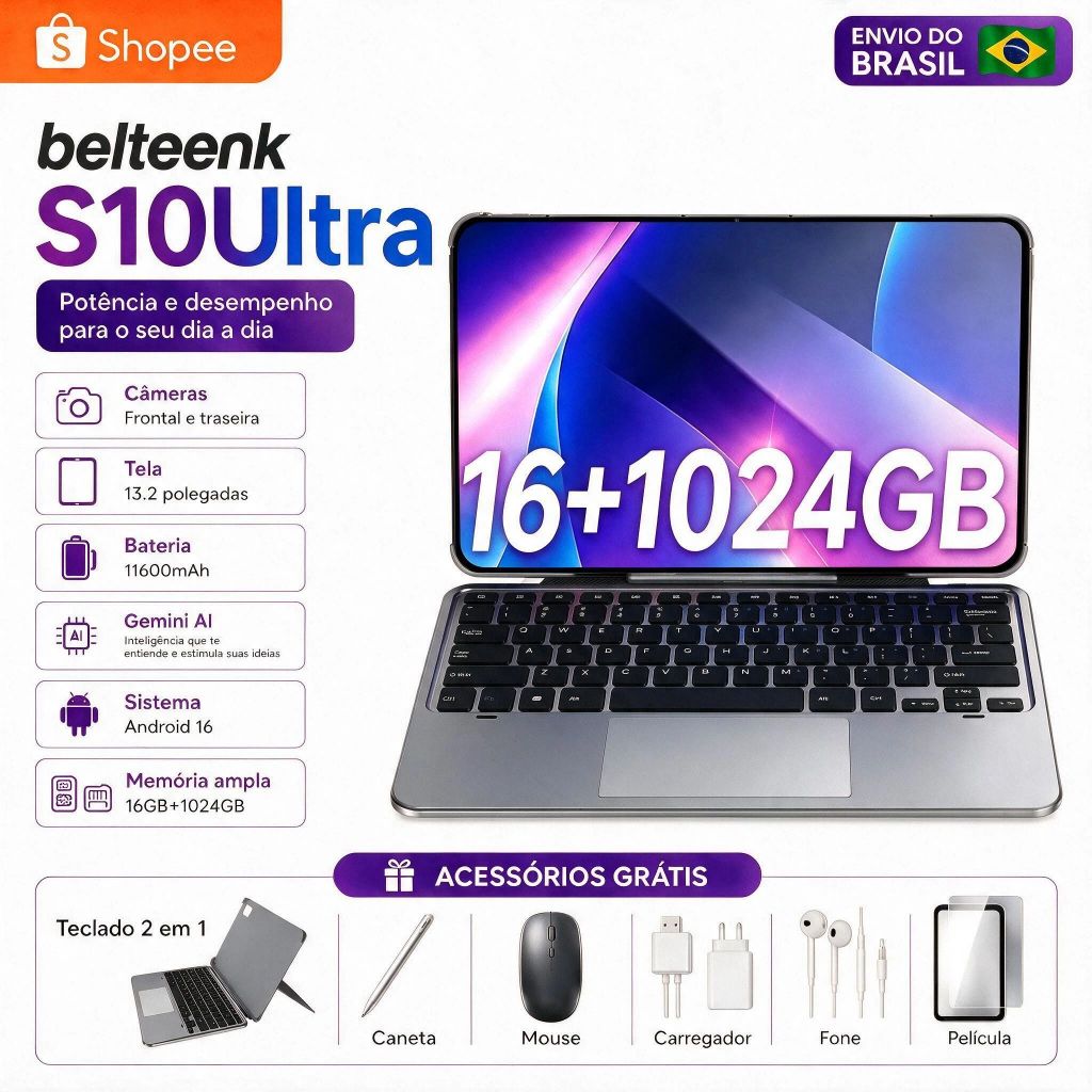 belteenk Tablet Mate S10 Ultra 2 em 1 | Tela 13.2" IPS 120Hz | 16GB RAM + 1TB | 5G Dual Chip | Bateria 11600mAh