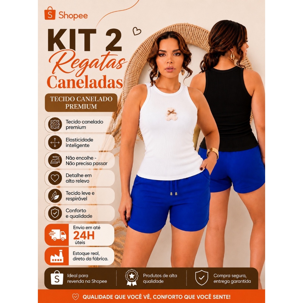 KIT 2 Regatas Femininas Caneladas Premium - Básicas Gola Redonda - Regata Feminina Canelada Casual