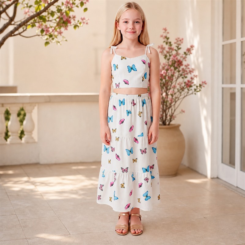 Conjunto Infantil Feminino Cropped e Saia Longa Estampado Borboletas – Moda Kids Verão, Confortável e Estiloso 10 ao 16