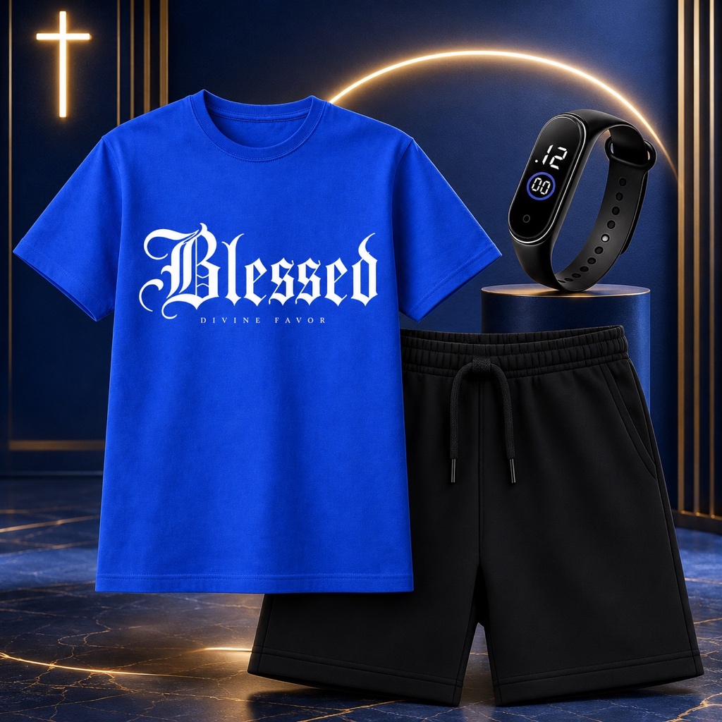Kit Conjunto Infantil Masculino Blessed Camiseta + Short Moletom + Relógio de Brinde