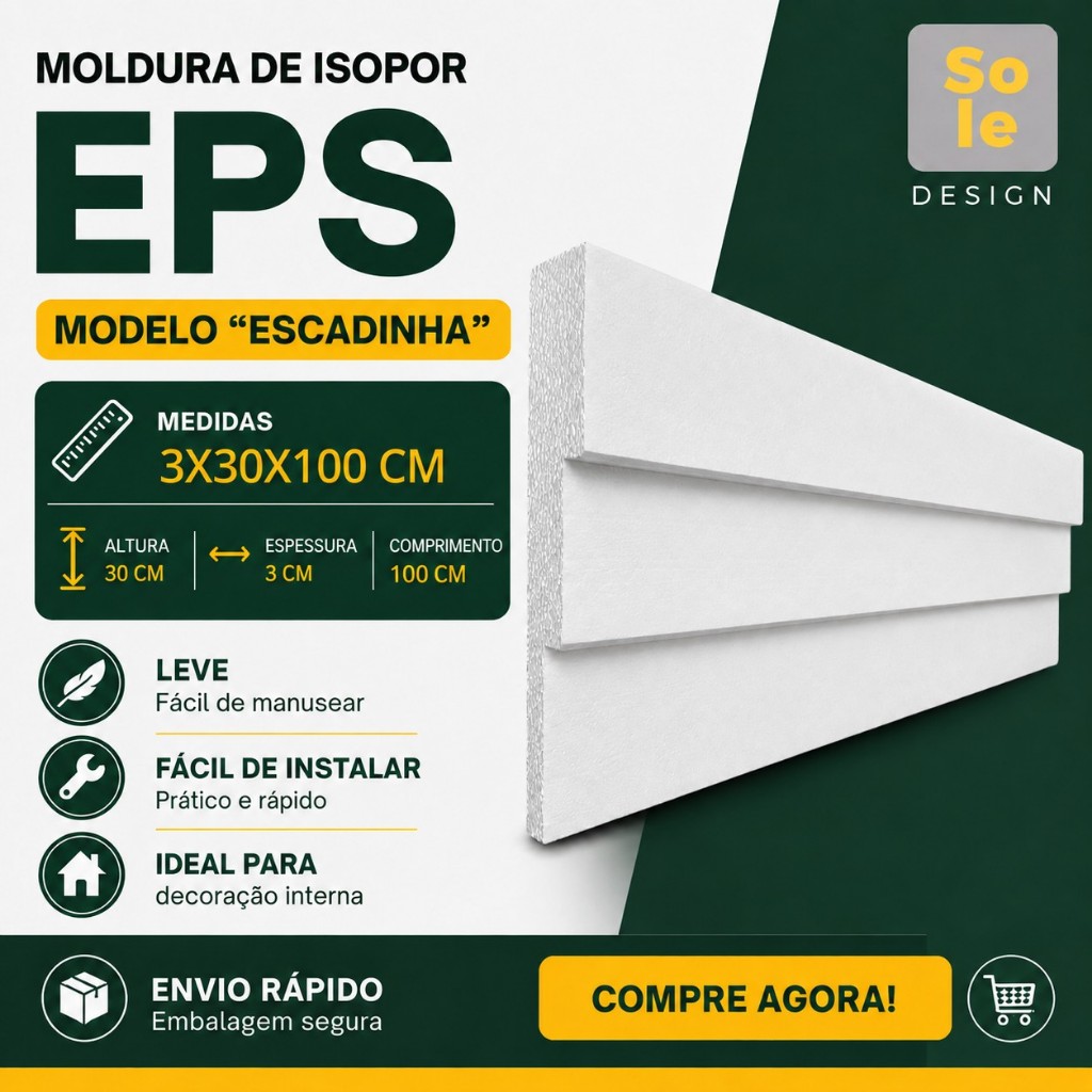 Moldura de Isopor cru (EPS) "Escadinha" 3x30x100 cm (KIT 10 metros)