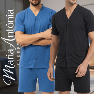 Pijama Masculino Americano Aberto com Botões Pós-Cirúrgico Idoso Blogueiro Confortável Verão Calor Malha Leve