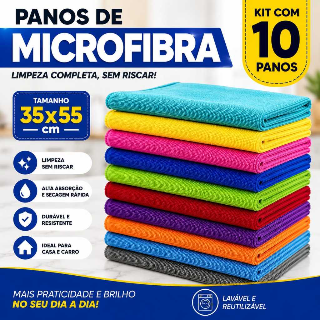Kit Com Pano Microfibra  Limpa Carro Vidro Prato Pia Limpeza Flanela 35x55cm Panos Multiuso