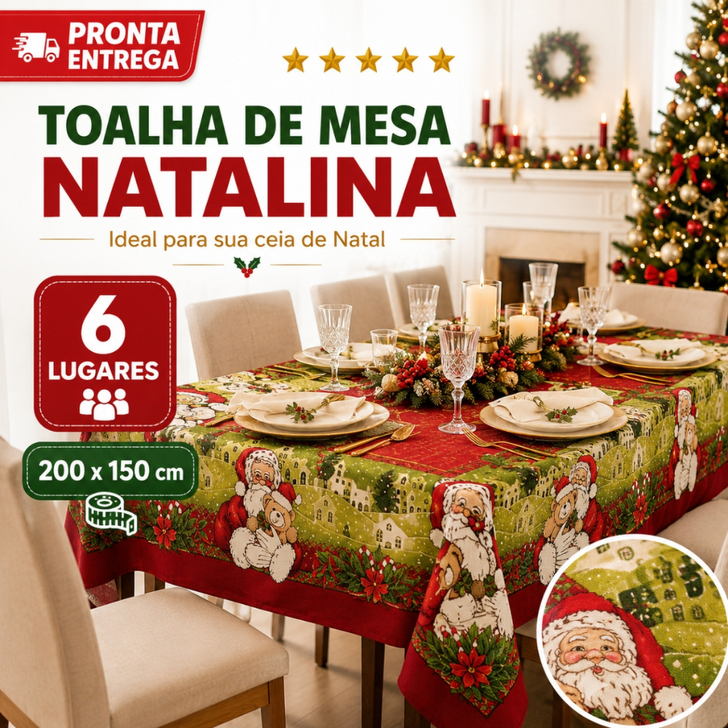 Toalha De Mesa Decoração Natal Para Mesa 6 Lugares 2 Metros Estampada 100% 200 cm x 150 cm Algodão E Poliéster