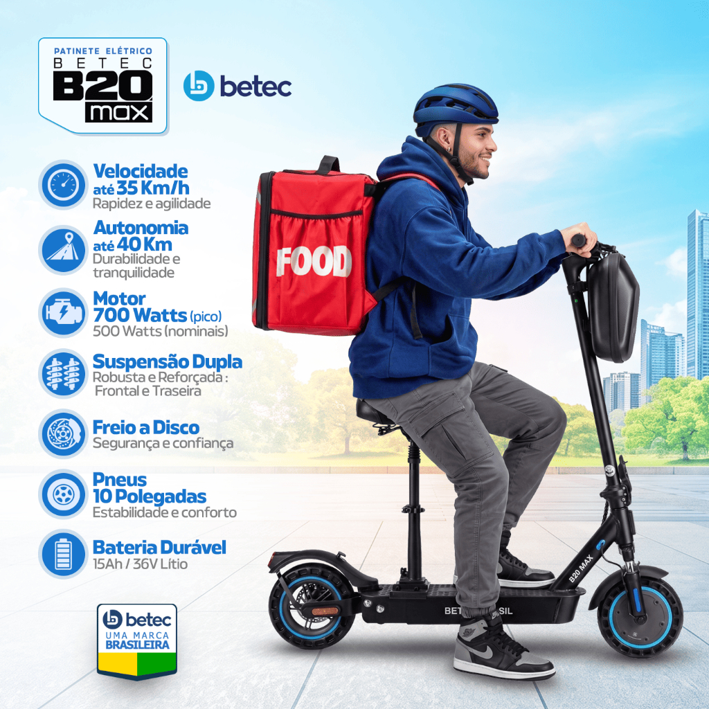 Patinete Elétrico Betec B20 MAX 40 Km 700W 35 Km/h 15Ah Assento Bolsa Suspensão App