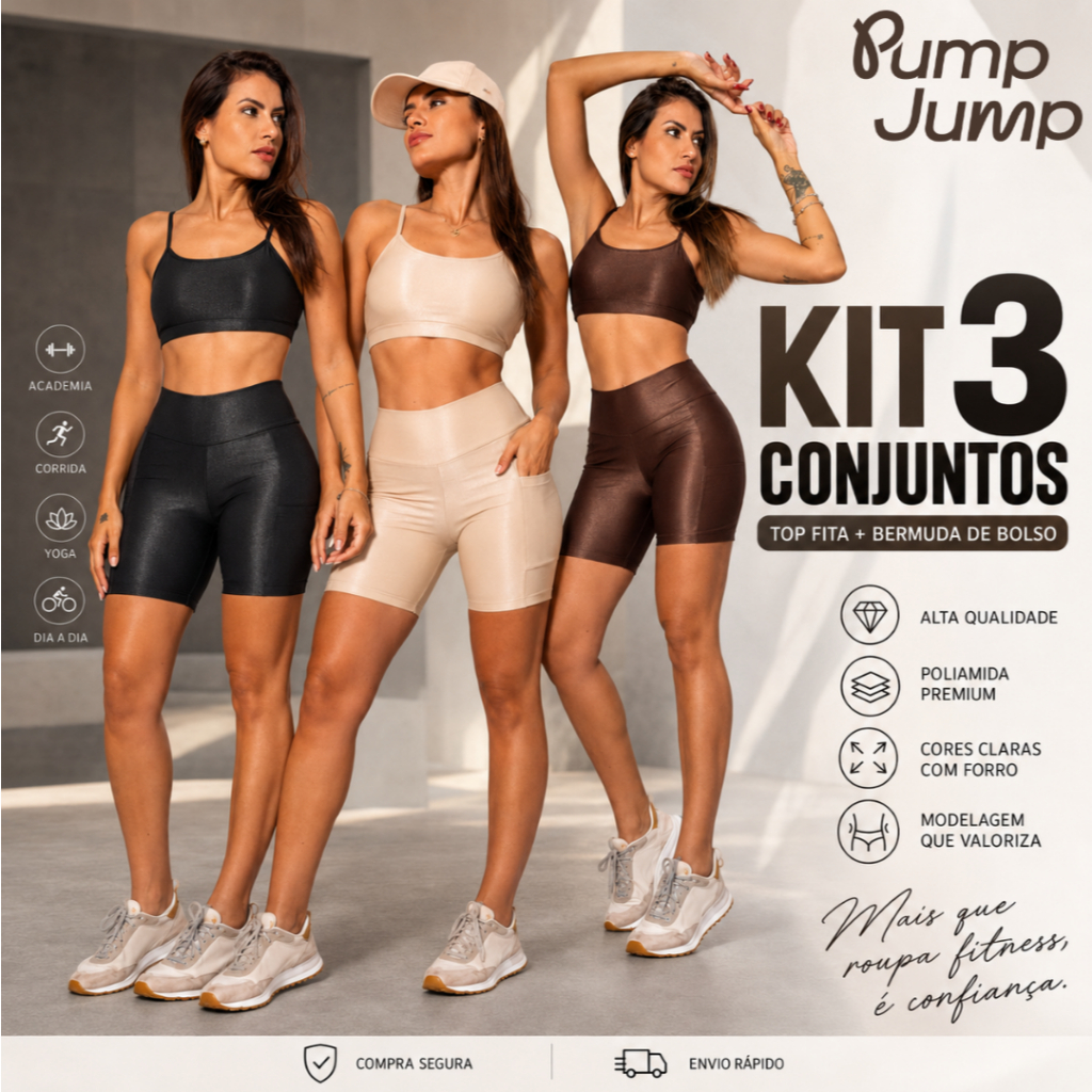 Kit 3 Conjuntos Fitness Feminino Top Fita Costas Abertas + Bermuda Meia Coxa com Bolso Poliamida Micro Canelada Academia