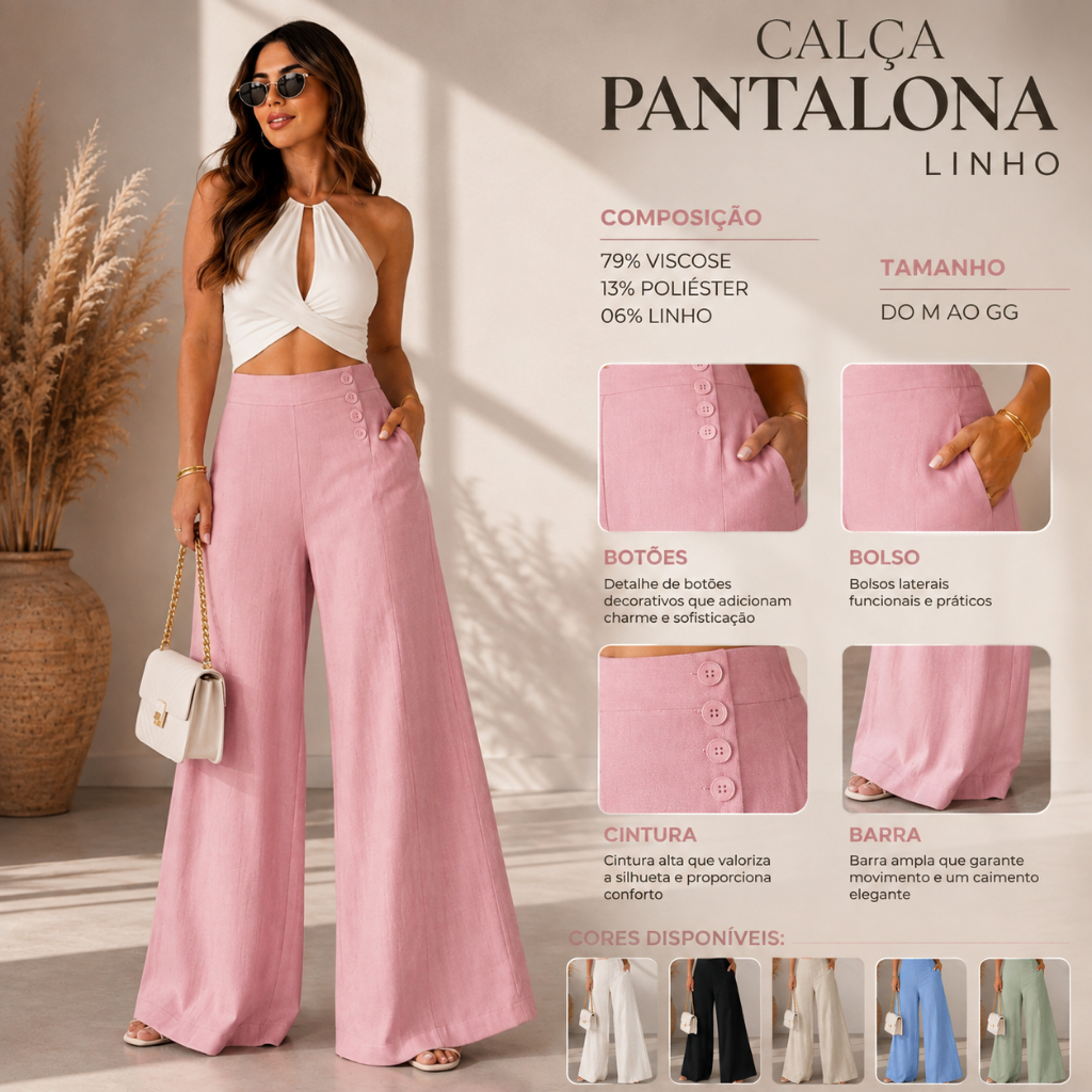 Calça Pantalona Feminina Linho Marrante Com Botões Cós Anatômico Boca de Sino para Eventos 888