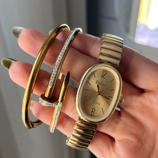 Conjunto Relógio e Bracelete Prata E Dourado Aço Inoxidável Blogueira Tendência Conforto Charme Elegância Moda