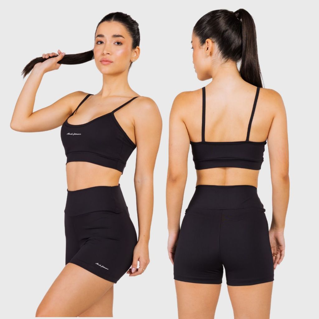 Conjunto Fitness Feminino Top com Bojo Alcinha e Shorts Poliamida Zero Transparência Alta Sustentação Academia Corrida