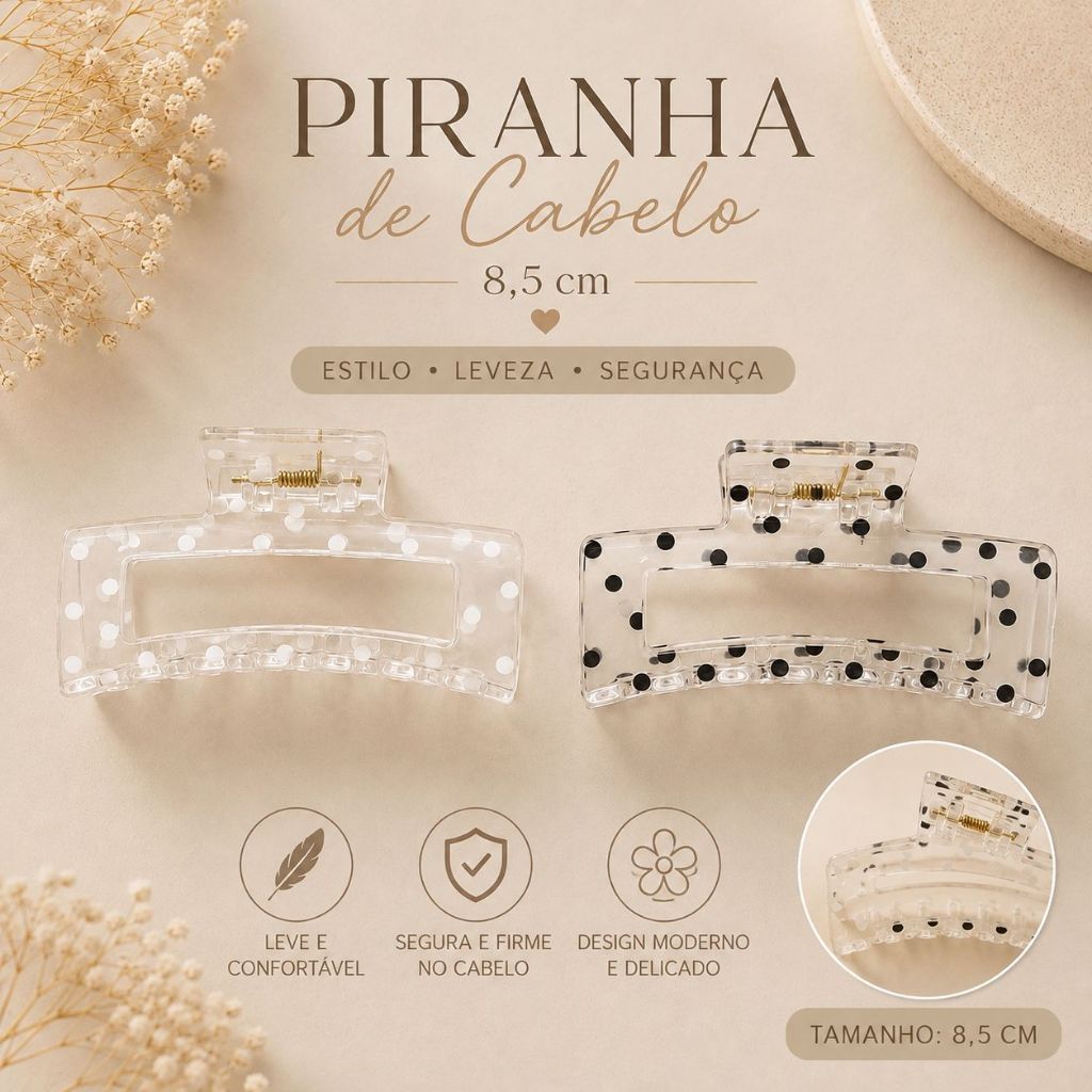 Piranha de Cabelo Grande 8,5cm Transparente com Bolinhas – Presilha Feminina PI5196