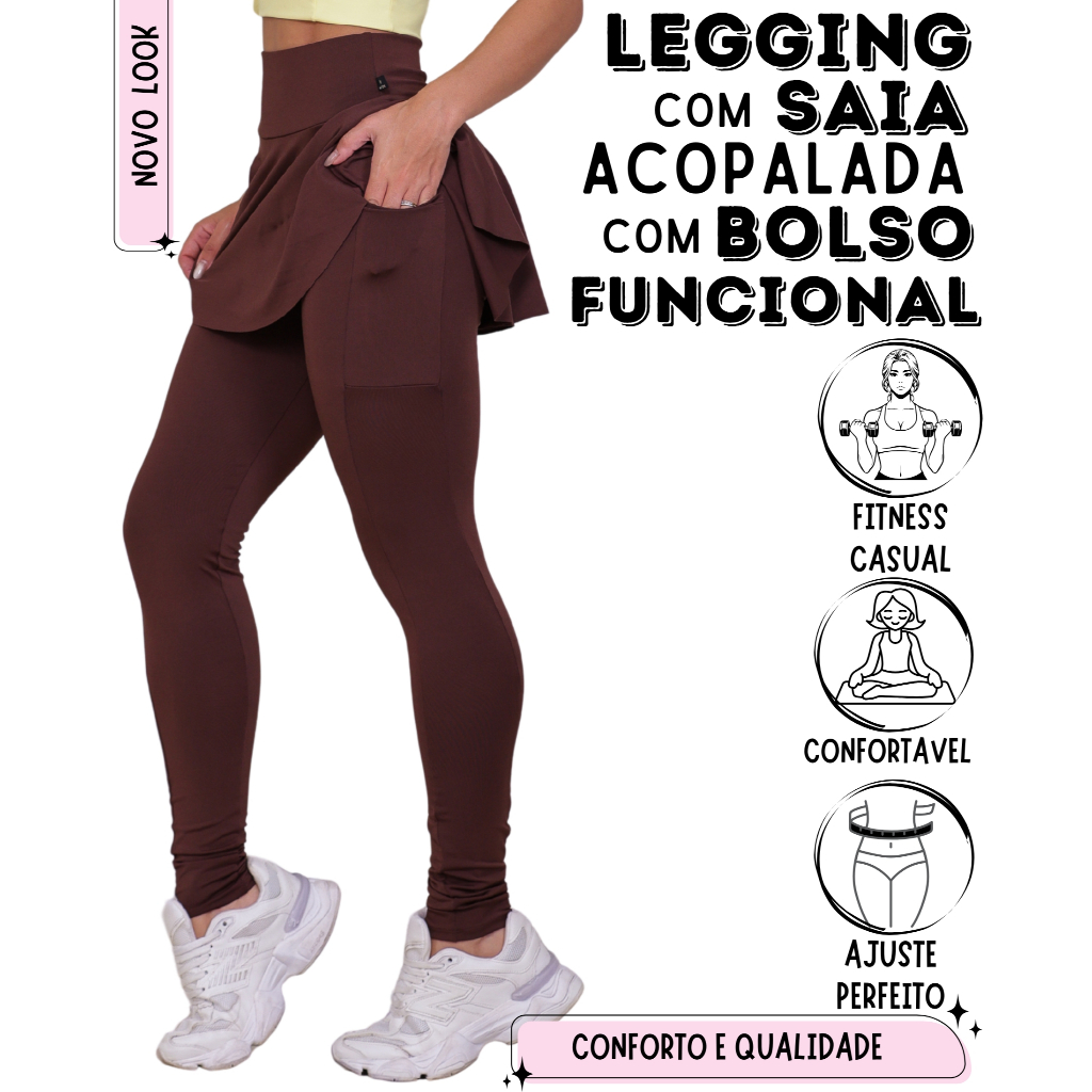 Saia Com Legging E Bolso Lateral Funcional Fitness Feminino WOLFOX Em Suplex
