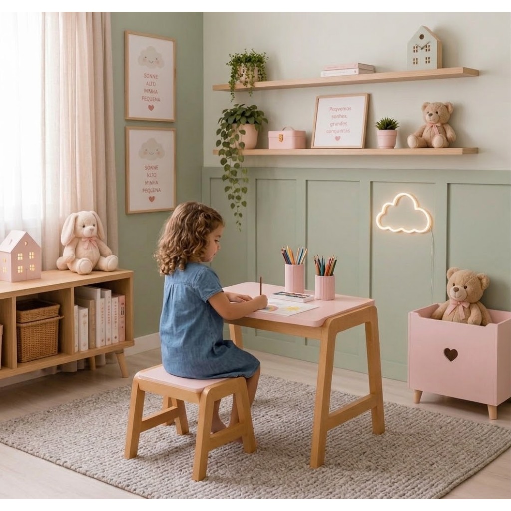 Kit Mesinha e Banquinho Infantil Para Criancas Estudos e Atividades Quarto Sala