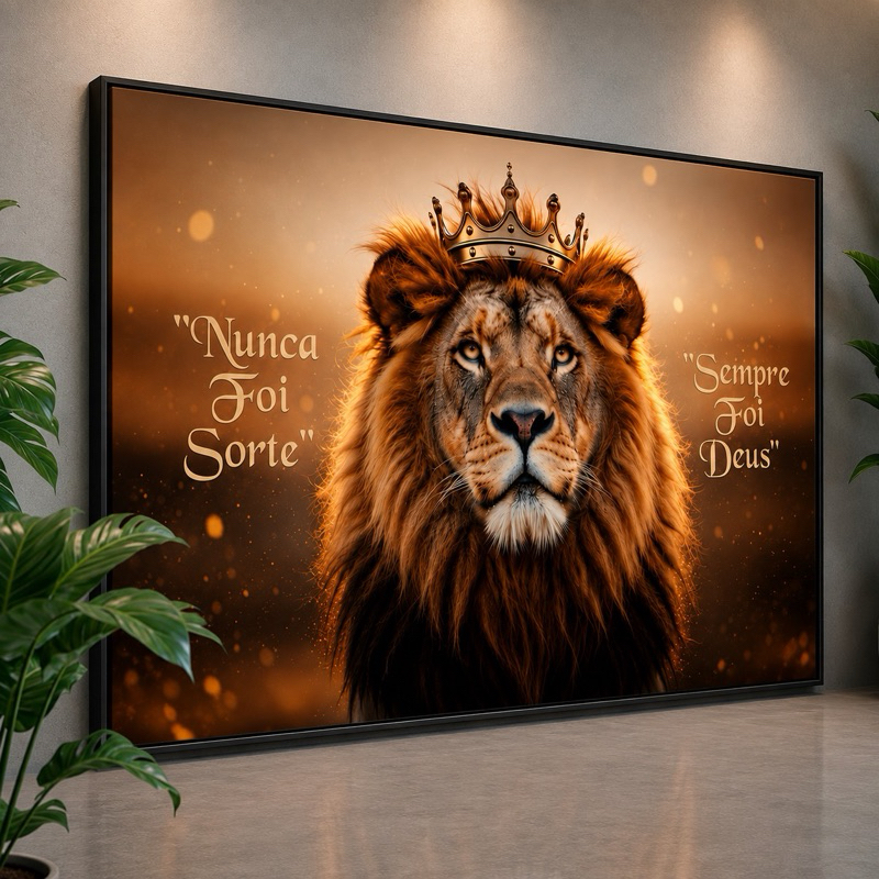 Quadro Leão de Judá Nunca Foi Sorte Sempre Foi Deus Decorativo Religioso Cristão Fé Parede Sala Quarto Grande