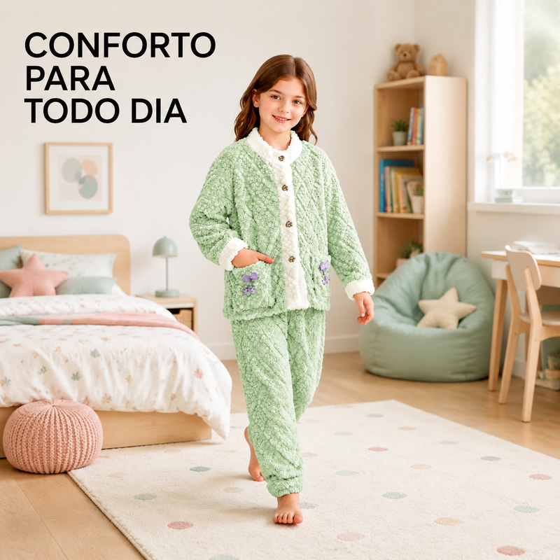 Pijama Infantil Feminino Inverno Peluciado Quentinho | Conjunto Menina Moda Infantil Confortável Tendência