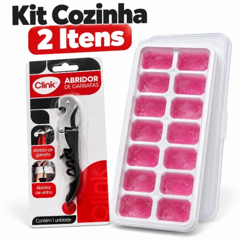 Kit Drinks 2 Peças Abridor  de Garrafa Clink Forma de Gelo 14 Cubos com Tampa Bons Cheff Bar Churrasco Festa