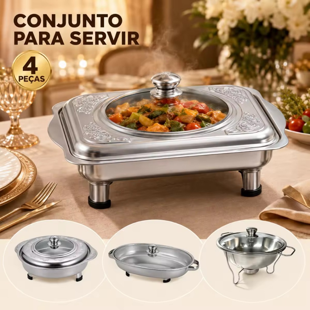 Kit Rechaud e Prato Térmico em Aço Inox com Tampa de Vidro – Conjuntos Variados para Servir e Buffet