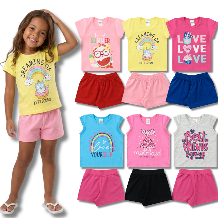 Kit 2 Conjuntos Verão Feminino/Menina Infantil - Blusa Manga Curta Estampada e Shorts Liso