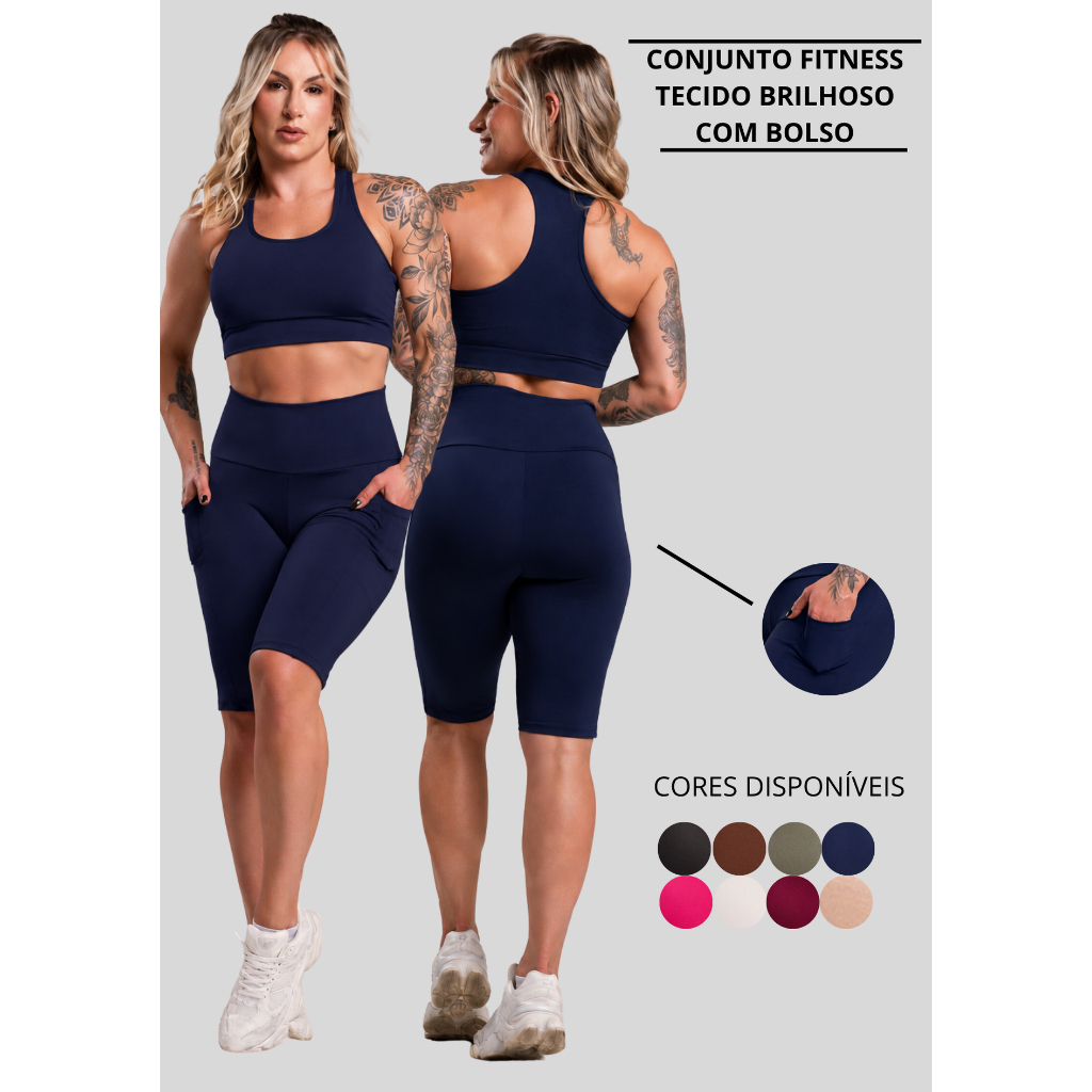 Conjunto Fitness Feminino Brilhoso Academia Top Nadador Liso e Bermuda Bolso Cintura Alta Brilho ZERO TRANSPARÊNCIA