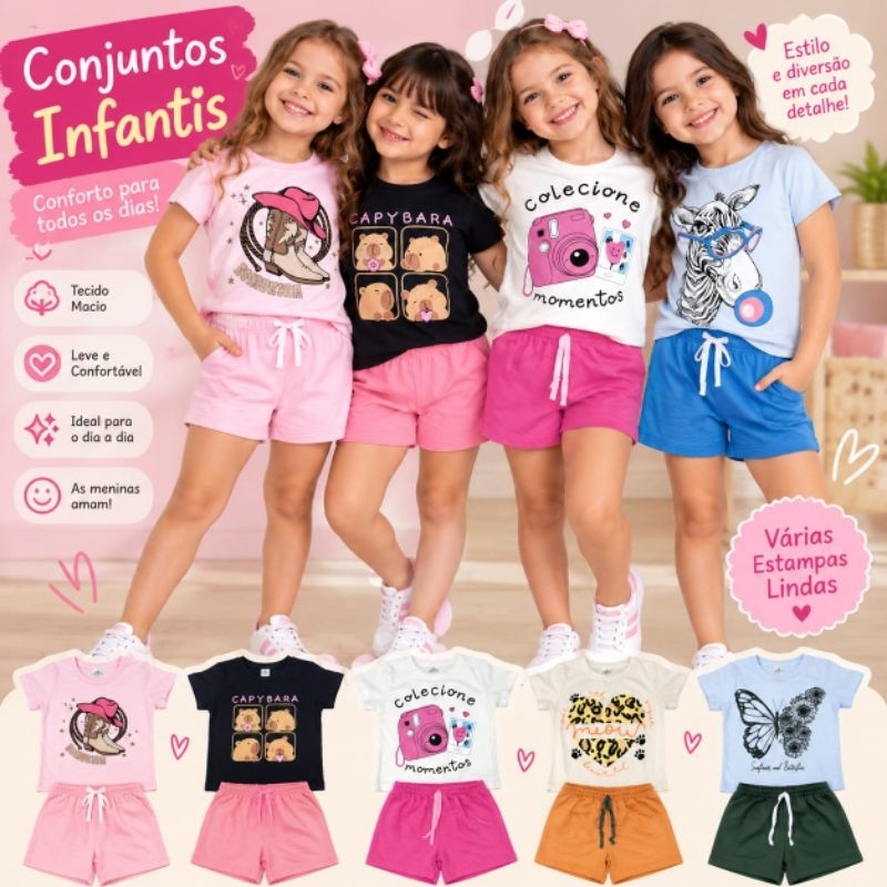 Kit Conjunto Infantil Menina 2 ao 12 Anos - Roupa Infantil Menina Verão - Conjunto Verão Infantil Feminino